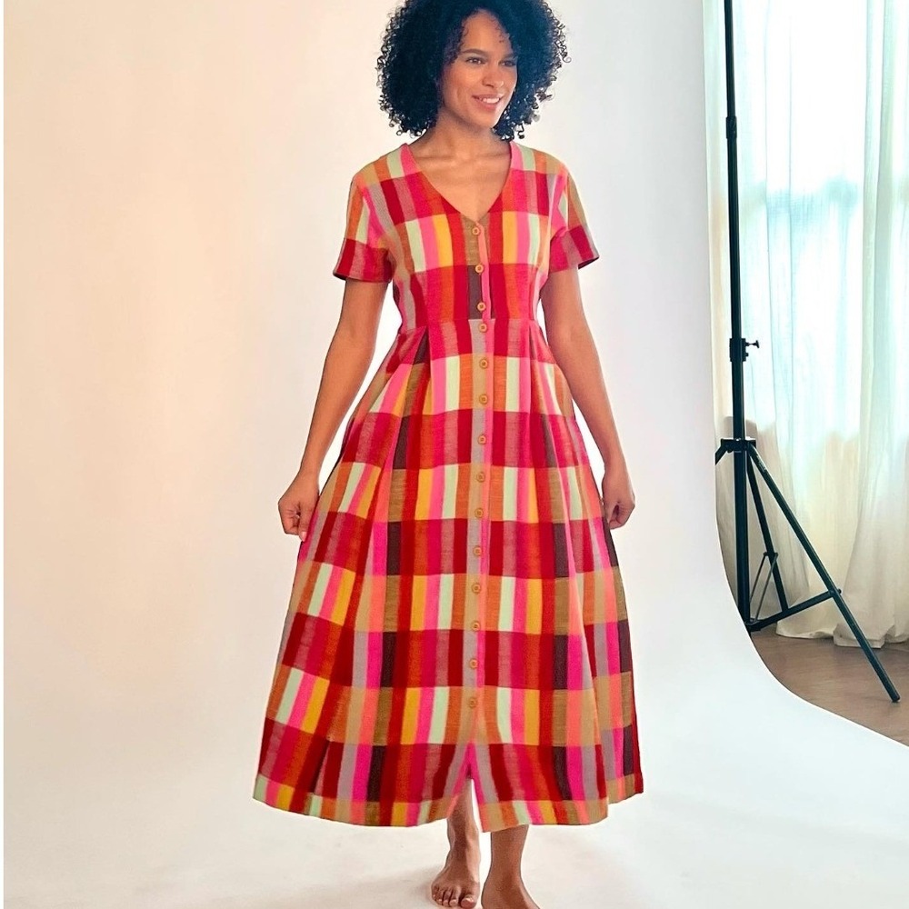 Ace & Jig Joyce Dress Unity Multi Color Plaid Button Front Midi AJ1143 4X NEW